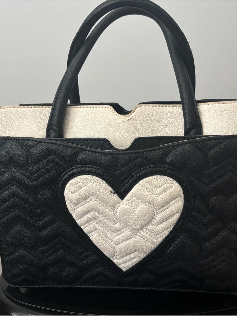 Betsey Johnson Black and White Heart Quilted Tote